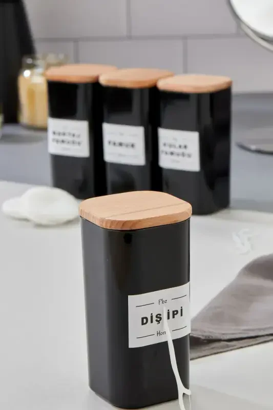 4-Piece Wooden Lid Acrylic Dental Floss & Cotton Swab & Cotton & Makeup Cotton Bathroom Set 300 ml-BLACK - 2