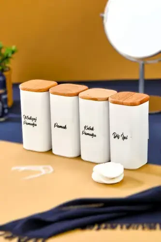 4-Piece Wooden Lidded Acrylic Toothpick & Cotton Bud & Cotton & Makeup Cotton Bathroom Set 300 Ml - 1