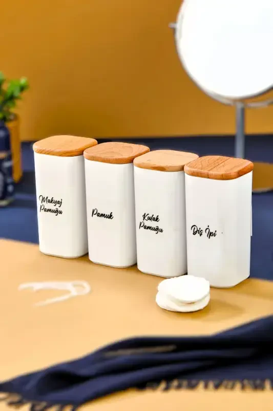 4-Piece Wooden Lidded Acrylic Toothpick & Cotton Bud & Cotton & Makeup Cotton Bathroom Set 300 Ml - 1