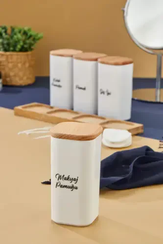 4-Piece Wooden Lidded Acrylic Toothpick & Cotton Bud & Cotton & Makeup Cotton Bathroom Set 300 Ml - FBZHOME (1)