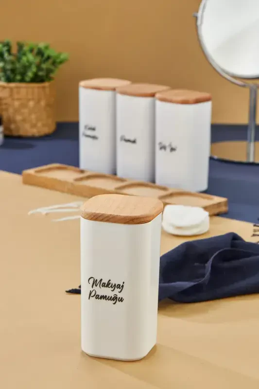 4-Piece Wooden Lidded Acrylic Toothpick & Cotton Bud & Cotton & Makeup Cotton Bathroom Set 300 Ml - 2