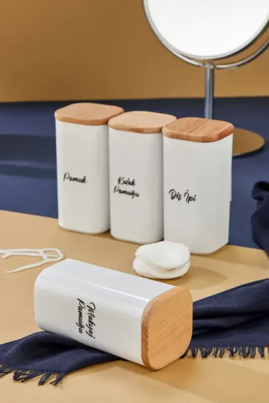 4-Piece Wooden Lidded Acrylic Toothpick & Cotton Bud & Cotton & Makeup Cotton Bathroom Set 300 Ml - 3