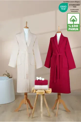 4 Pieces Striped Bathrobe Set 100% Cotton Certified Family Towel Bathrobe Set Dowry Set Burgundy Cream-Burgundy - 1