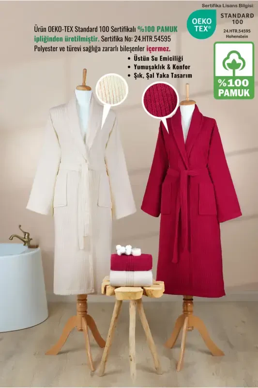 4 Pieces Striped Bathrobe Set 100% Cotton Certified Family Towel Bathrobe Set Dowry Set Burgundy Cream-Burgundy - 2