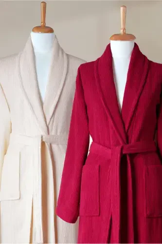 4 Pieces Striped Bathrobe Set 100% Cotton Certified Family Towel Bathrobe Set Dowry Set Burgundy Cream-Burgundy - 3