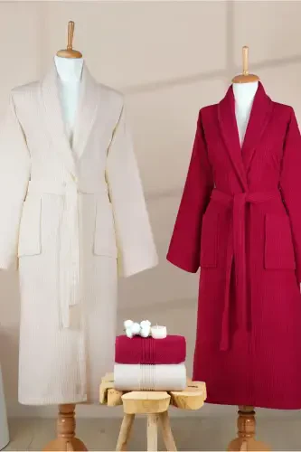 4 Pieces Striped Bathrobe Set 100% Cotton Certified Family Towel Bathrobe Set Dowry Set Burgundy Cream-Burgundy - 4