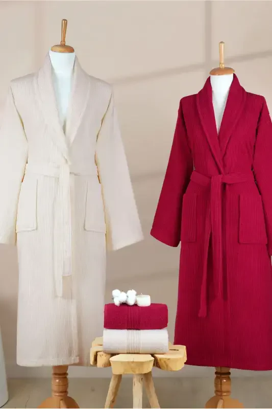 4 Pieces Striped Bathrobe Set 100% Cotton Certified Family Towel Bathrobe Set Dowry Set Burgundy Cream-Burgundy - 4