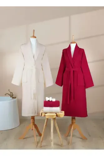 4 Pieces Striped Bathrobe Set 100% Cotton Certified Family Towel Bathrobe Set Dowry Set Burgundy Cream-Burgundy - 5