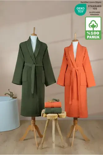 4 Pieces Striped Bathrobe Set 100% Cotton Certified, Shawl Collar Brick Orange Green Family Bathroom Set-Dark Green - 1