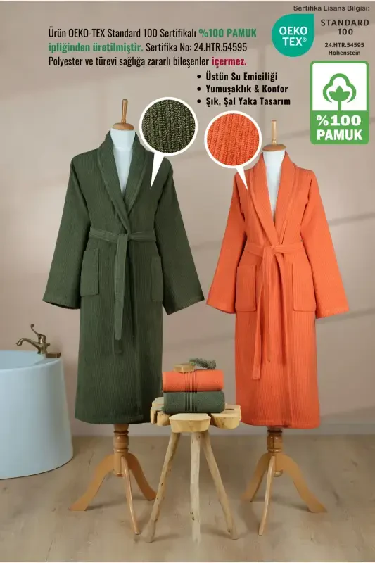 4 Pieces Striped Bathrobe Set 100% Cotton Certified, Shawl Collar Brick Orange Green Family Bathroom Set-Dark Green - 2