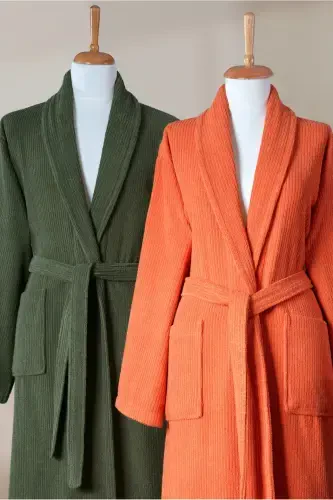 4 Pieces Striped Bathrobe Set 100% Cotton Certified, Shawl Collar Brick Orange Green Family Bathroom Set-Dark Green - 3