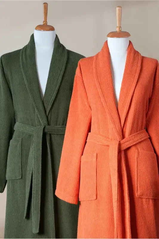 4 Pieces Striped Bathrobe Set 100% Cotton Certified, Shawl Collar Brick Orange Green Family Bathroom Set-Dark Green - 3