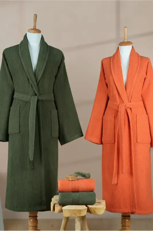 4 Pieces Striped Bathrobe Set 100% Cotton Certified, Shawl Collar Brick Orange Green Family Bathroom Set-Dark Green - 4