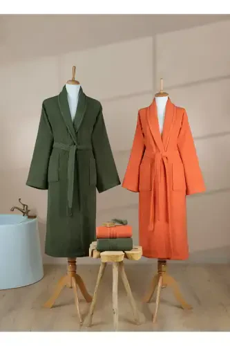 4 Pieces Striped Bathrobe Set 100% Cotton Certified, Shawl Collar Brick Orange Green Family Bathroom Set-Dark Green - 5