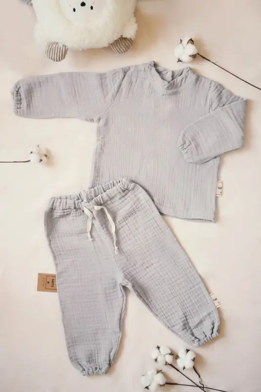4 Ply Muslin 100% Cotton Kids Long Sleeve Sweatshirt-Pants Set-Gray - 1