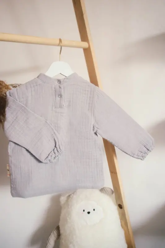 4 Ply Muslin 100% Cotton Kids Long Sleeve Sweatshirt-Pants Set-Gray - 3