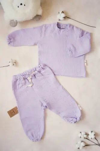 4 qat muslin paxta bolalar uchun uzun yengli shimli kostyum - Lila - 1