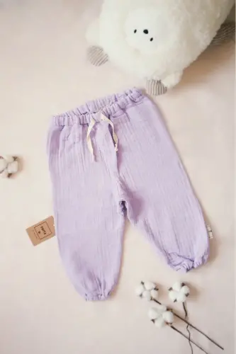 4 qat muslin paxta bolalar uchun uzun yengli shimli kostyum - Lila - 3