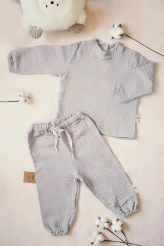 4 Qavat Muslin 100% Paxta Bolalar Uzun Qisma Sviter-shimli pastki-yuqori kostyum-kulrang 