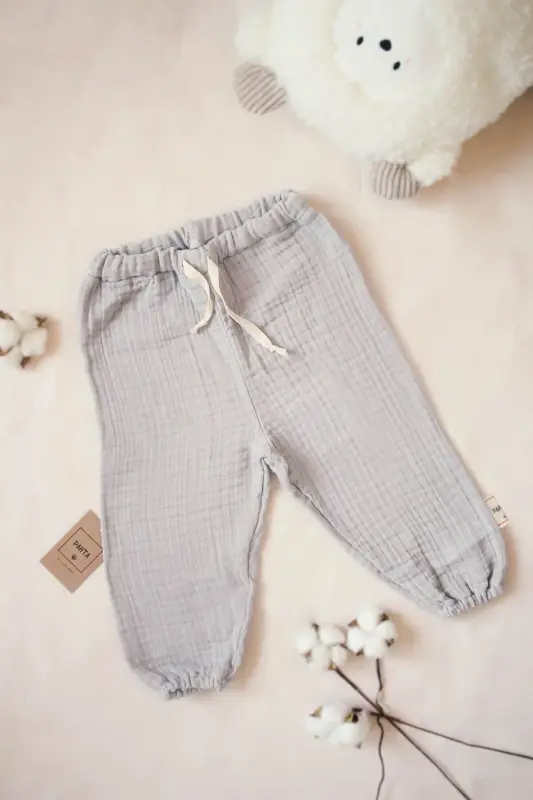 4 Qavat Muslin 100% Paxta Bolalar Uzun Qisma Sviter-shimli pastki-yuqori kostyum-kulrang - 4