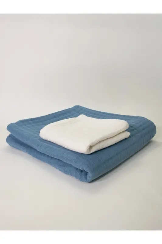 4 qavatli 100x100 Sm Indigo muslin burumchik chaqaloq adyoli va 50x50 Sm 2 qavatli muslin yelkasi bezi - 5