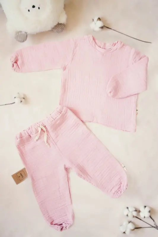 4 Qavatli Muslin 100% Paxtali Bolalar Uzun Yengli Sweatshirt-Shim To'plami - Pushti - 1
