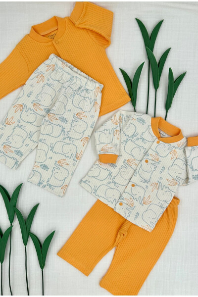4 qismli chaqaloq ko'ylagi va shimli pijama/leggins to'plami xantal fili - PATSAN