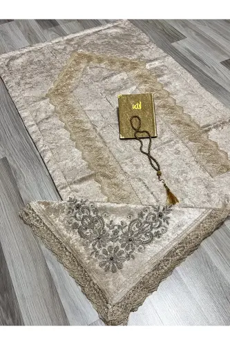 4 qismli joynamoz to'plami sep uchun sandiq qutisida baxmal gipürli kelin kuyov to'plami-jigarrang - 3