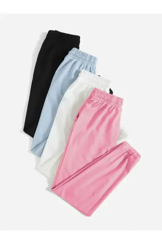 4'lü Basic Düz Eşofman Altı Jogger - Siyah Bebe Mavi Beyaz Pembe Lastik Paça Yüksel Bel-Siyah Bebe Mavi Beyaz Pembe - 1