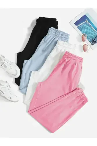 4'lü Basic Düz Eşofman Altı Jogger - Siyah Bebe Mavi Beyaz Pembe Lastik Paça Yüksel Bel-Siyah Bebe Mavi Beyaz Pembe - DUBU BUTİK (1)