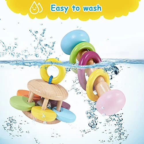 4 шт. Монтессори игрушки для младенцев Деревянная игрушка для младенцев 18+ месяцев Деревянная погремушка Игрушки для прорезывания зубов для младенцев Силиконовый руль с буковой деревянной кольцом - 18