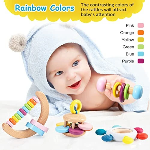 4 шт. Монтессори игрушки для младенцев Деревянная игрушка для младенцев 18+ месяцев Деревянная погремушка Игрушки для прорезывания зубов для младенцев Силиконовый руль с буковой деревянной кольцом - 9