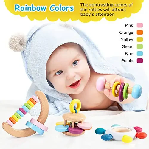 4 шт. Монтессори игрушки для младенцев Деревянная игрушка для младенцев 18+ месяцев Деревянная погремушка Игрушки для прорезывания зубов для младенцев Силиконовый руль с буковой деревянной кольцом - 9