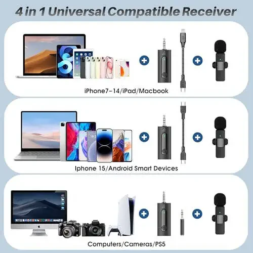 4 ta 1 da Professional Simsiz Lapel Mikrofoni - 2 Paket Mini Mikrofon iPhone Android Kamera Uchun, Shovqinni Pasaytirish Lapel Mikrofoni Ultra Kam Kechikish Video Yozuv, YouTube, Intervyu, TikTok va Vlog Uchun - 2