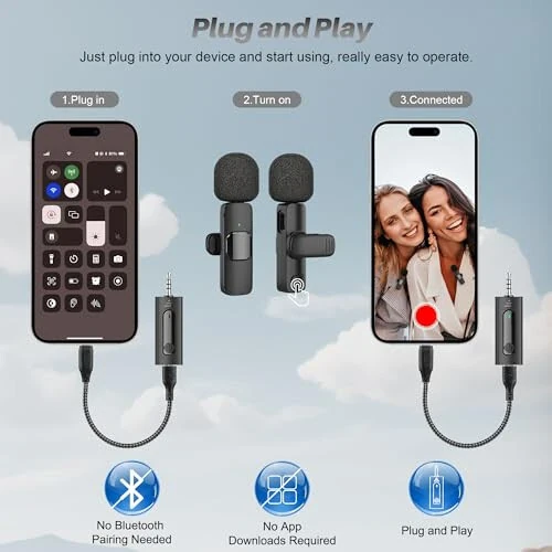 4 ta 1 da Professional Simsiz Lapel Mikrofoni - 2 Paket Mini Mikrofon iPhone Android Kamera Uchun, Shovqinni Pasaytirish Lapel Mikrofoni Ultra Kam Kechikish Video Yozuv, YouTube, Intervyu, TikTok va Vlog Uchun - 5