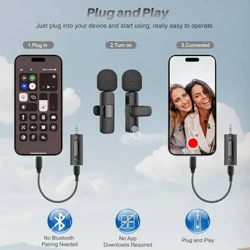 4 ta 1 da Professional Simsiz Lapel Mikrofoni - 2 Paket Mini Mikrofon iPhone Android Kamera Uchun, Shovqinni Pasaytirish Lapel Mikrofoni Ultra Kam Kechikish Video Yozuv, YouTube, Intervyu, TikTok va Vlog Uchun - 5