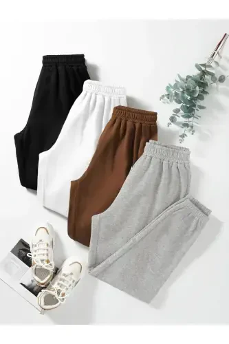 4 ta asosiy tekis ingichka sport shimining pastki qismi Jogger - Qora Oq Jigarrang Kulrang Elastik oyoq yuqori belli-SBKG - 1