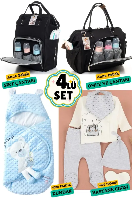 4 ta katta tug'ilish to'plami (KASALXONADAN CHIQISH, CHAQALOQLAR PARVARISHI UCHUN YELKA VA ELKA SUMKASI, G'ILOF) - QORA - 1