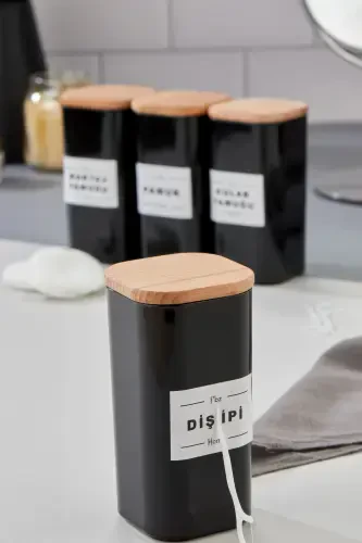 4 ta yog'och qopqoqli mika tish ipi va quloq paxtasi va paxta va makiyaj paxtasi hammom to'plami 300 ml-QORA - FBZHOME (1)