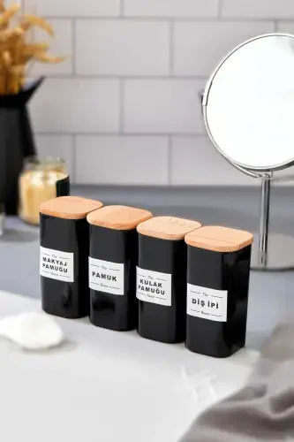 4 ta yog'och qopqoqli mika tish ipi va quloq paxtasi va paxta va makiyaj paxtasi hammom to'plami 300 ml-QORA - 4