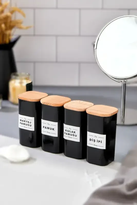 4 ta yog'och qopqoqli mika tish ipi va quloq paxtasi va paxta va makiyaj paxtasi hammom to'plami 300 ml-QORA - 4