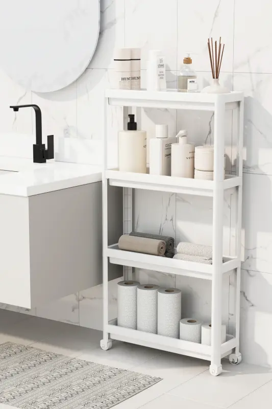4-Tier White Rolling Shelf Unit Bathroom Shelf Kitchen Shelf Serving Cart Multi-Purpose Organizer - 1