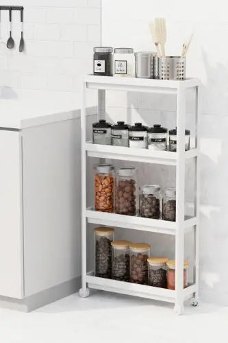 4-Tier White Rolling Shelf Unit Bathroom Shelf Kitchen Shelf Serving Cart Multi-Purpose Organizer - DEYHOME (1)