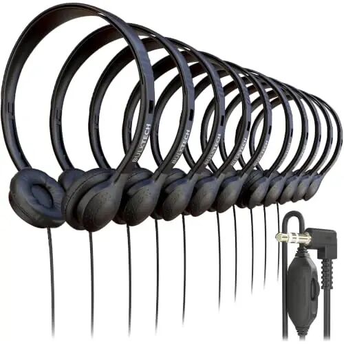 400 Pack Bulk Wired On-Ear Leather Headphones with 3.5mm Connector and Remote Control for Volume, Black - BULKTECH