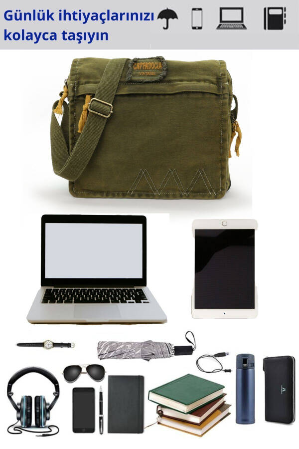 4009 Ephesus Casual Shoulder Messenger Green Khaki 14 inch Laptop School Travel Everyday Vintage Cotton Bag - 15