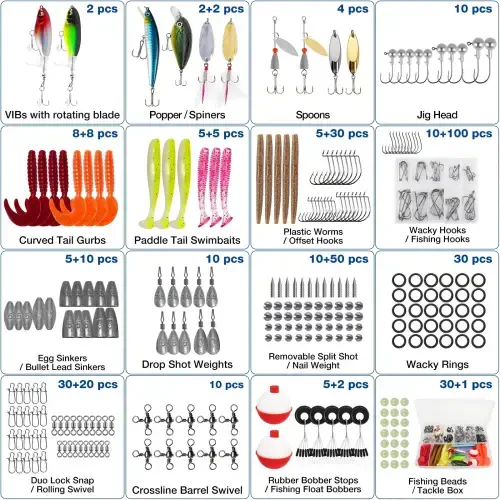 404pcs Fishing Lures for Bass Trout Salmon,Fishing Tackle Box with Tackle Included for Freshwater and Saltwater,Fishing Gear and Equipment Including Crankbaits, Spinnerbaits, Plastic Worms, Jigs - GOANDO (1)