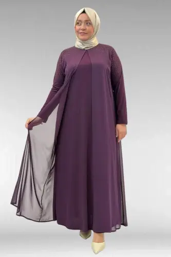 42003 Büyük Beden Taş Detaylı Sandy-Şifon Elbise - Mürdüm - 1