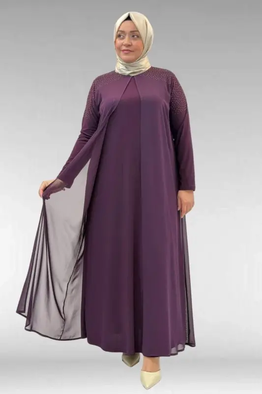 42003 Büyük Beden Taş Detaylı Sandy-Şifon Elbise - Mürdüm - BÜYÜKBEDENIZ