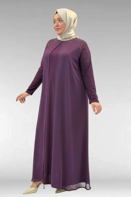 42003 Büyük Beden Taş Detaylı Sandy-Şifon Elbise - Mürdüm - 2