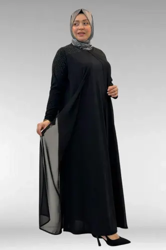 42003 Büyük Beden Taş Detaylı Sandy-Şifon Elbise - Siyah - 1